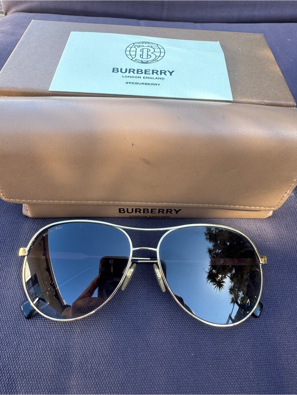 Burberry Aviator Sunglasses Gold Check Temple w/ Box Case & Card